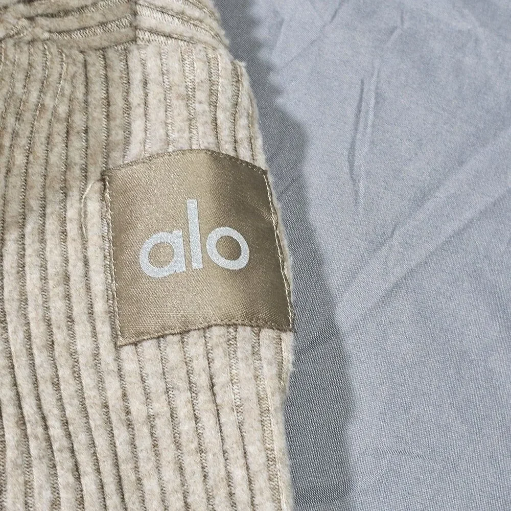 Alo Yoga Muse V-Neck Pullover Ribbed Cropped XS Tan Slouchy Boxy Athleisure